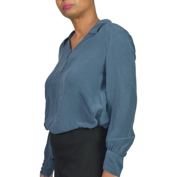 Wrap London Silk Blouse Blue Top Loose Fit Collared Tunic Shirt Muted Neutral 10 - Picture 12 of 16
